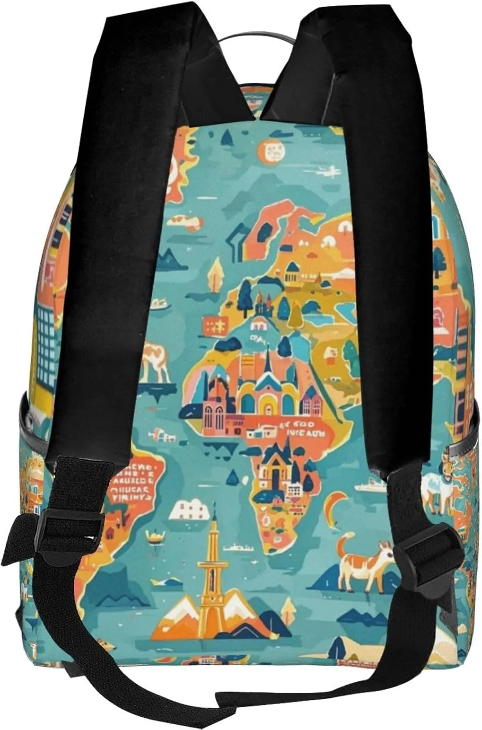 Cartoon World Map Landmarks Animals Adult Backpacks 14 Inch Laptop Backpack Double Shoulder Bag for Work Travel Gifts
