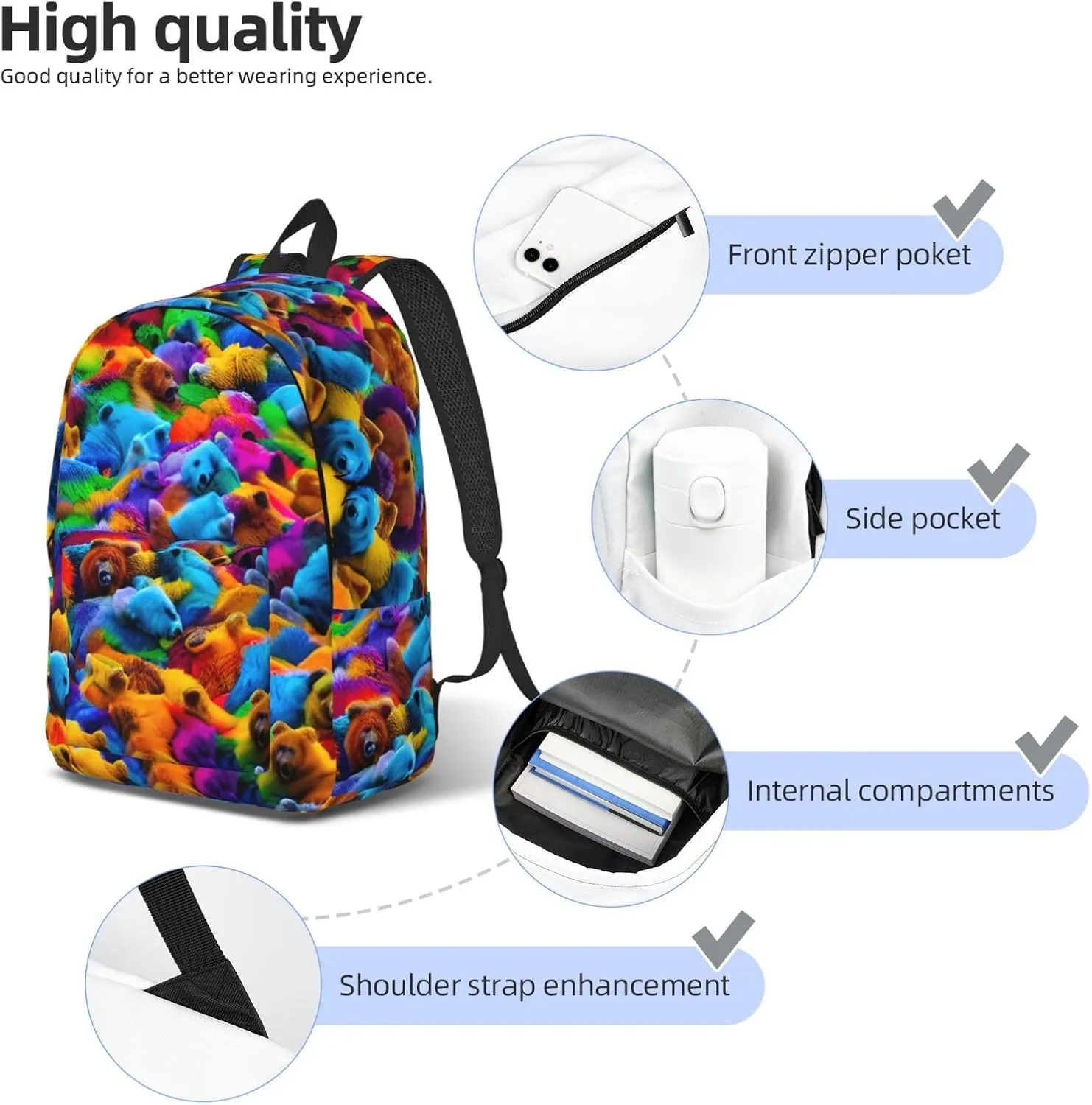 Casual Canvas Backpack, Laptop Rucksack,Shoulder Travel Camping Hiking Backpacks for Men Women-Colorful Bears