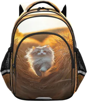 Cat Running Through Wheat Field Backpacks Elementary School Shoulder Bag Bookbag for Girls Kids Boys, Medium