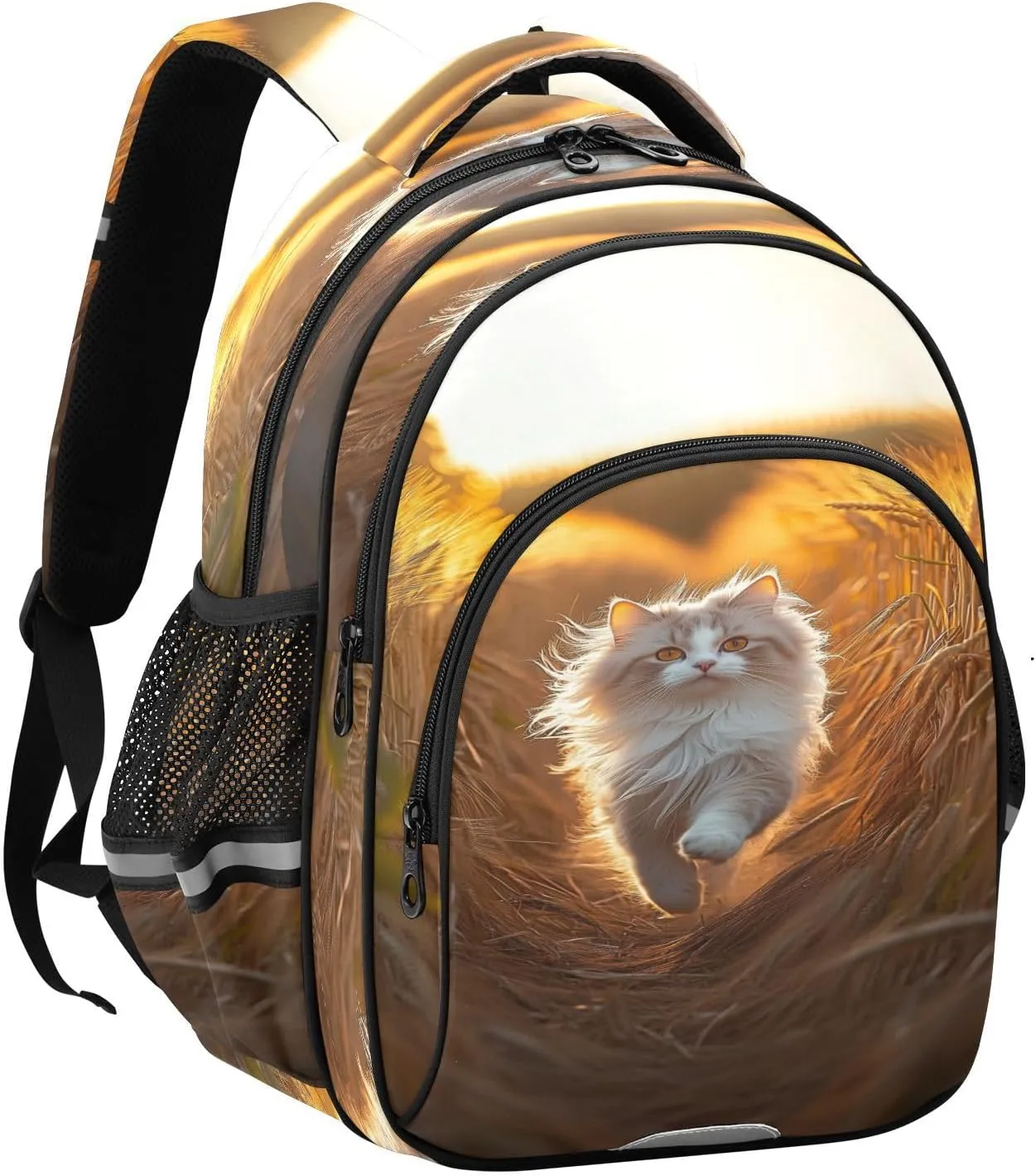 Cat Running Through Wheat Field Backpacks Elementary School Shoulder Bag Bookbag for Girls Kids Boys, Medium
