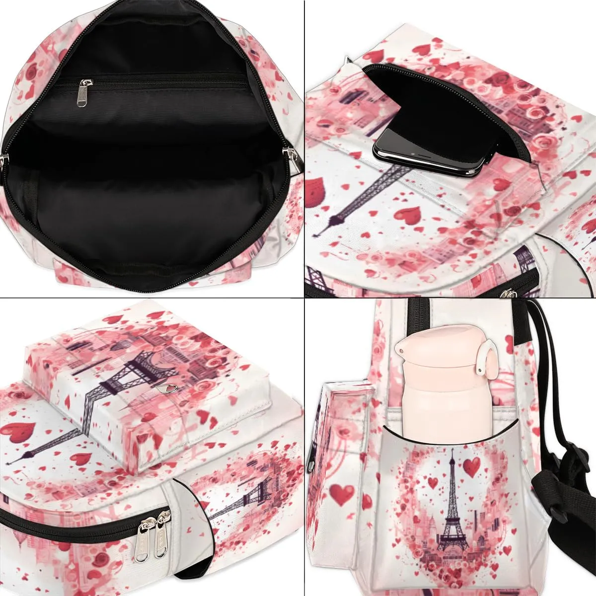 cfpolar Mini Backpack Purse for Women, Eiffel Tower Love Hearts Rose Small Backpack Multi Functional Casual Daypack Soft Shoulder Bag Handbags for Ladies Travel Work