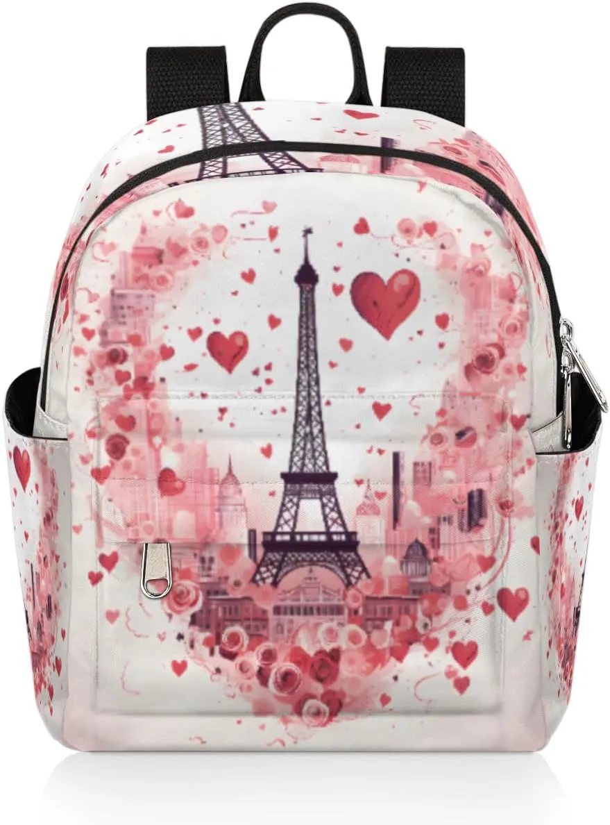cfpolar Mini Backpack Purse for Women, Eiffel Tower Love Hearts Rose Small Backpack Multi Functional Casual Daypack Soft Shoulder Bag Handbags for Ladies Travel Work