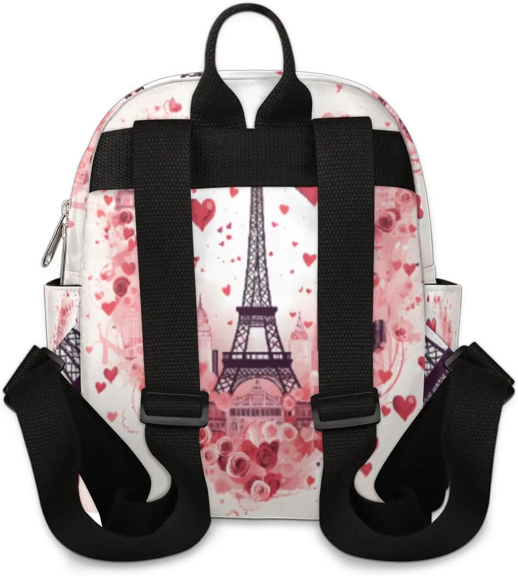 cfpolar Mini Backpack Purse for Women, Eiffel Tower Love Hearts Rose Small Backpack Multi Functional Casual Daypack Soft Shoulder Bag Handbags for Ladies Travel Work