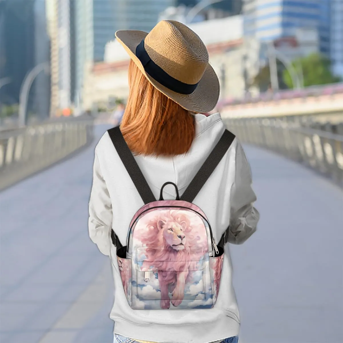 cfpolar Mini Backpack Purse for Women, Watercolor Pink Lion Cloud Small Backpack Multi Functional Casual Daypack Soft Shoulder Bag Handbags for Ladies Travel Work