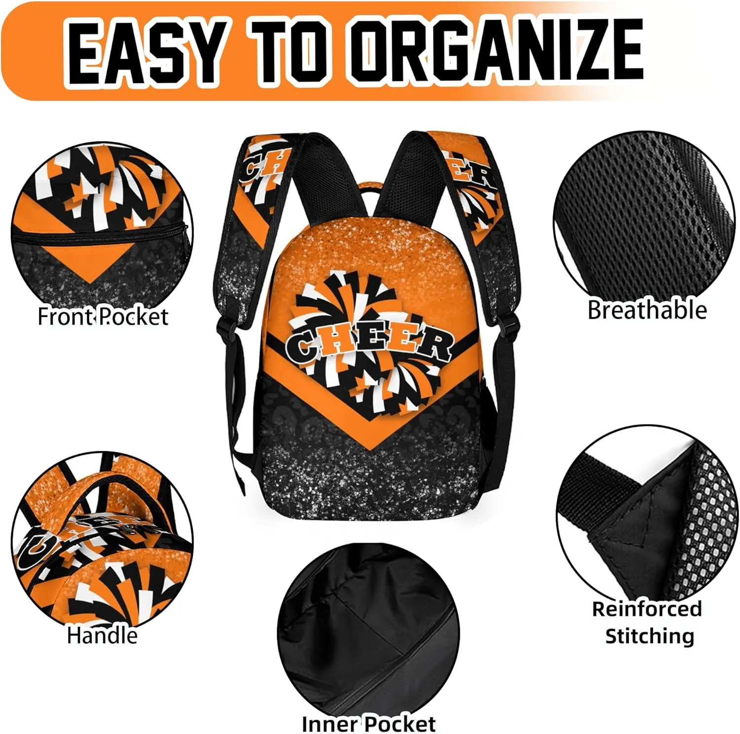 Cheer Backpacks for Cheerleaders, Cheerleading Backpack 16.5in, Cheerleader Gifts for Team (Orange&Black)