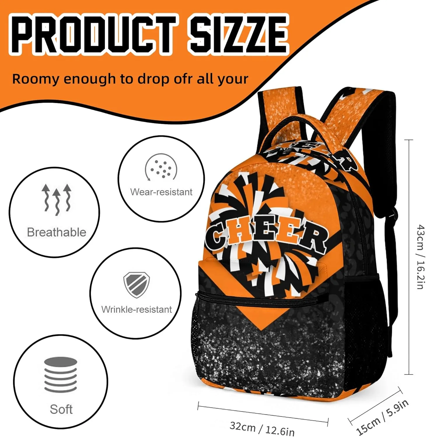 Cheer Backpacks for Cheerleaders, Cheerleading Backpack 16.5in, Cheerleader Gifts for Team (Orange&Black)