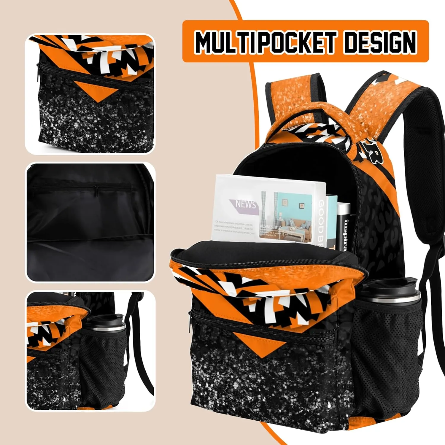 Cheer Backpacks for Cheerleaders, Cheerleading Backpack 16.5in, Cheerleader Gifts for Team (Orange&Black)
