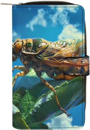 Cicada Green Stem Habitat Womens Leather Long Wallet Fashion Card Holder Purse Clutch Handbag with Zip