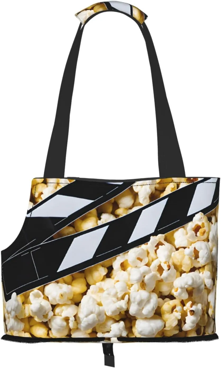 Cinema Movie Clapboard and Popcorn Printed Foldable Pet Bag - Portable Puppy Cat Travel Handbag Tote,Pet Carrier Backpacks., Black