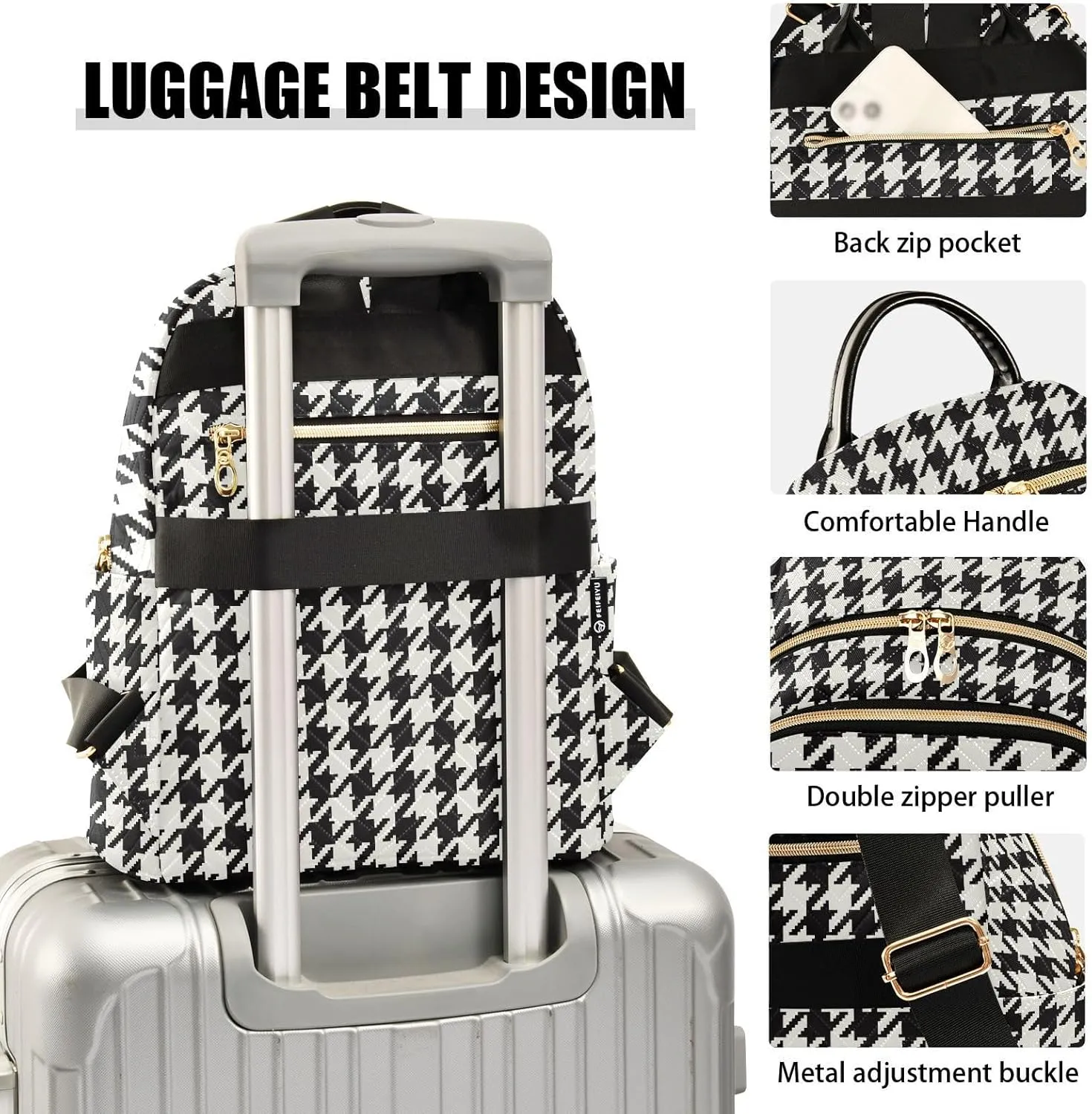 Classic Houndstooth Backpack Purse for Women Fashion Ladies Shoulder Bags Travel Bag Handbag Back Pack Lady Purse,M