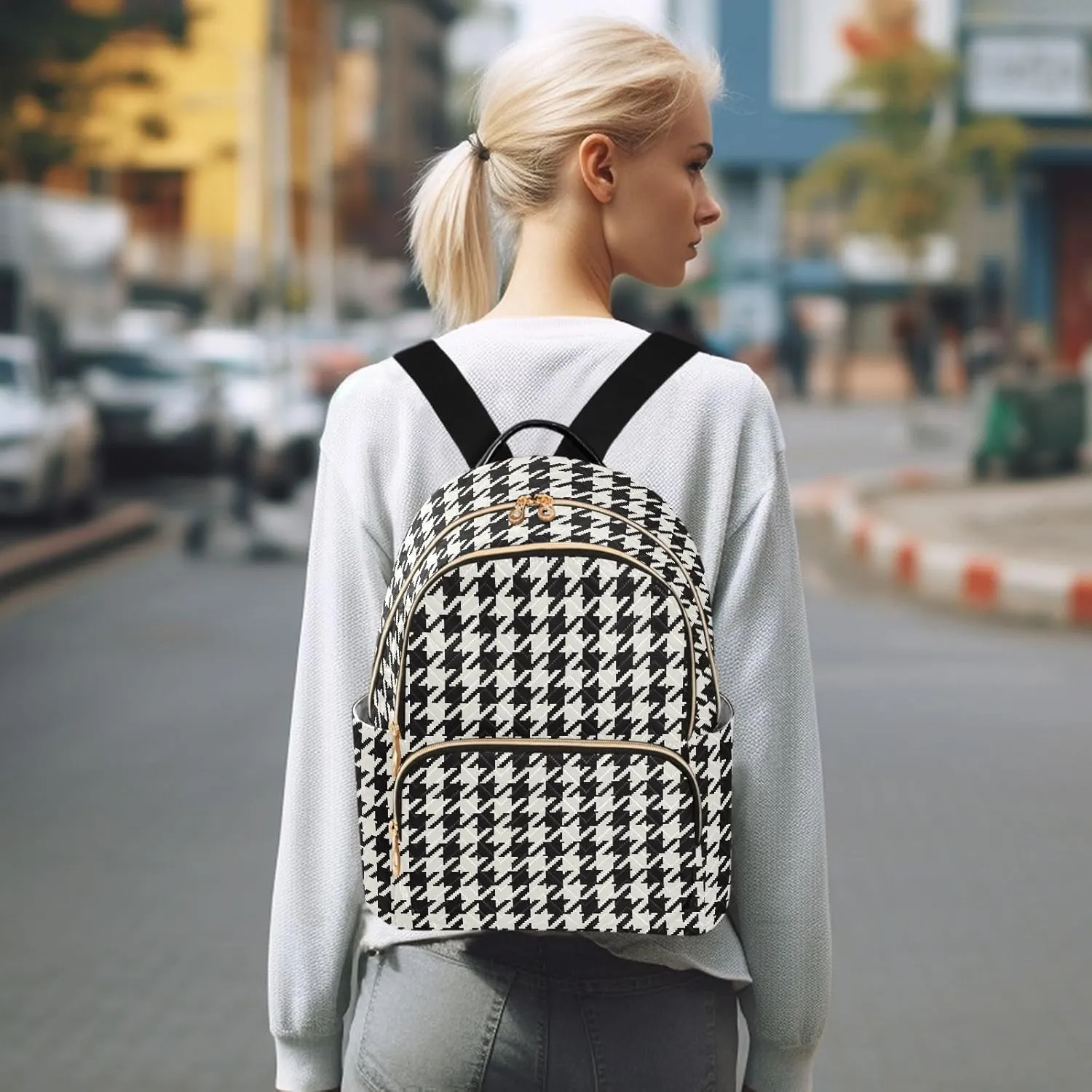 Classic Houndstooth Backpack Purse for Women Fashion Ladies Shoulder Bags Travel Bag Handbag Back Pack Lady Purse,M
