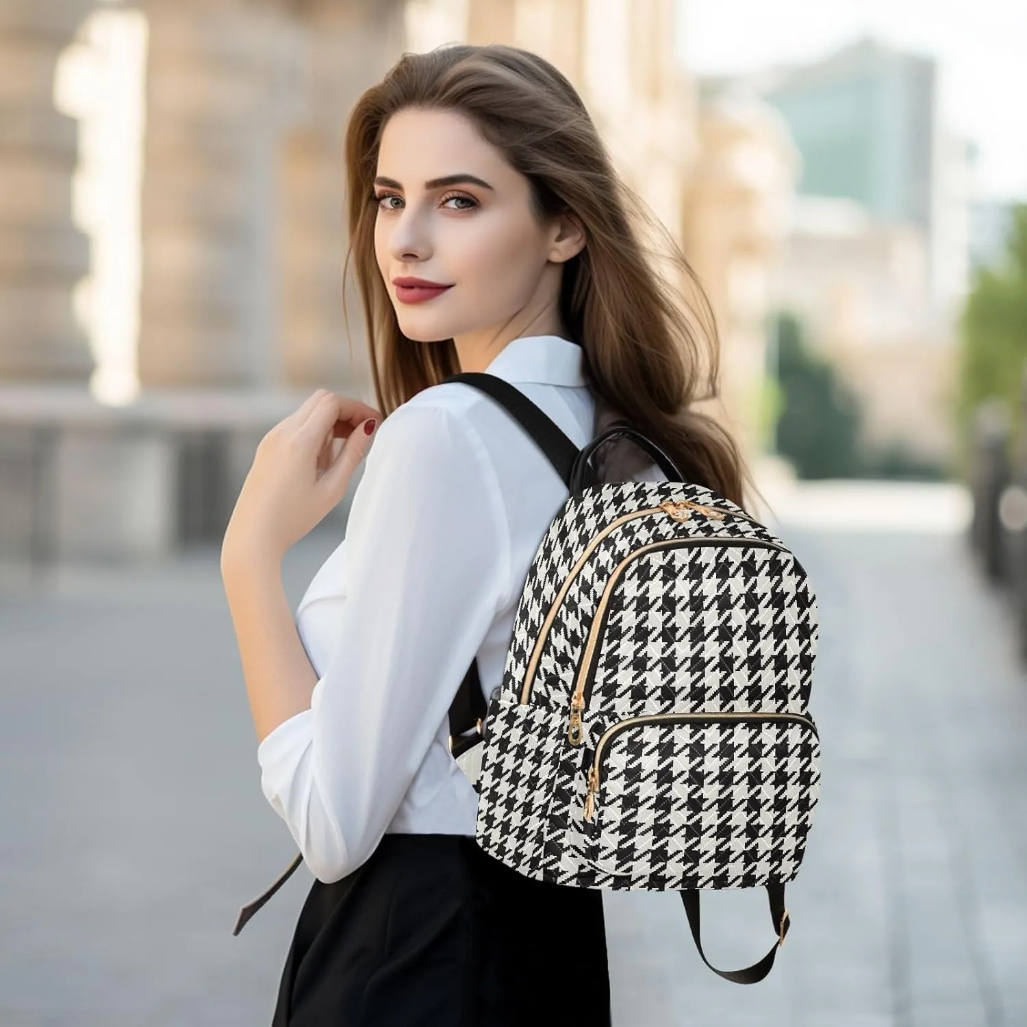 Classic Houndstooth Backpack Purse for Women Fashion Ladies Shoulder Bags Travel Bag Handbag Back Pack Lady Purse,M