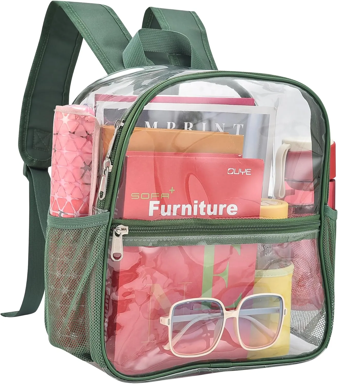 Clear Backpack for Stadium Events 12x12x6 Mini Small Clear Backpack with Front Pocket for Concert Sport Events Work Travel(Forest green)