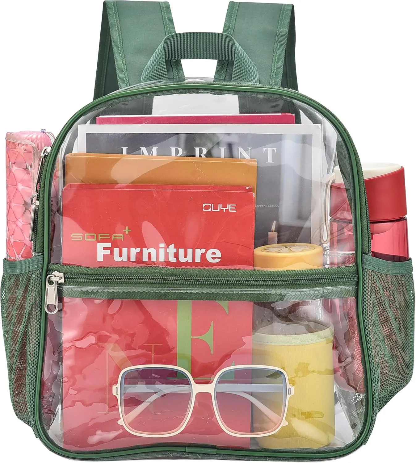 Clear Backpack for Stadium Events 12x12x6 Mini Small Clear Backpack with Front Pocket for Concert Sport Events Work Travel(Forest green)