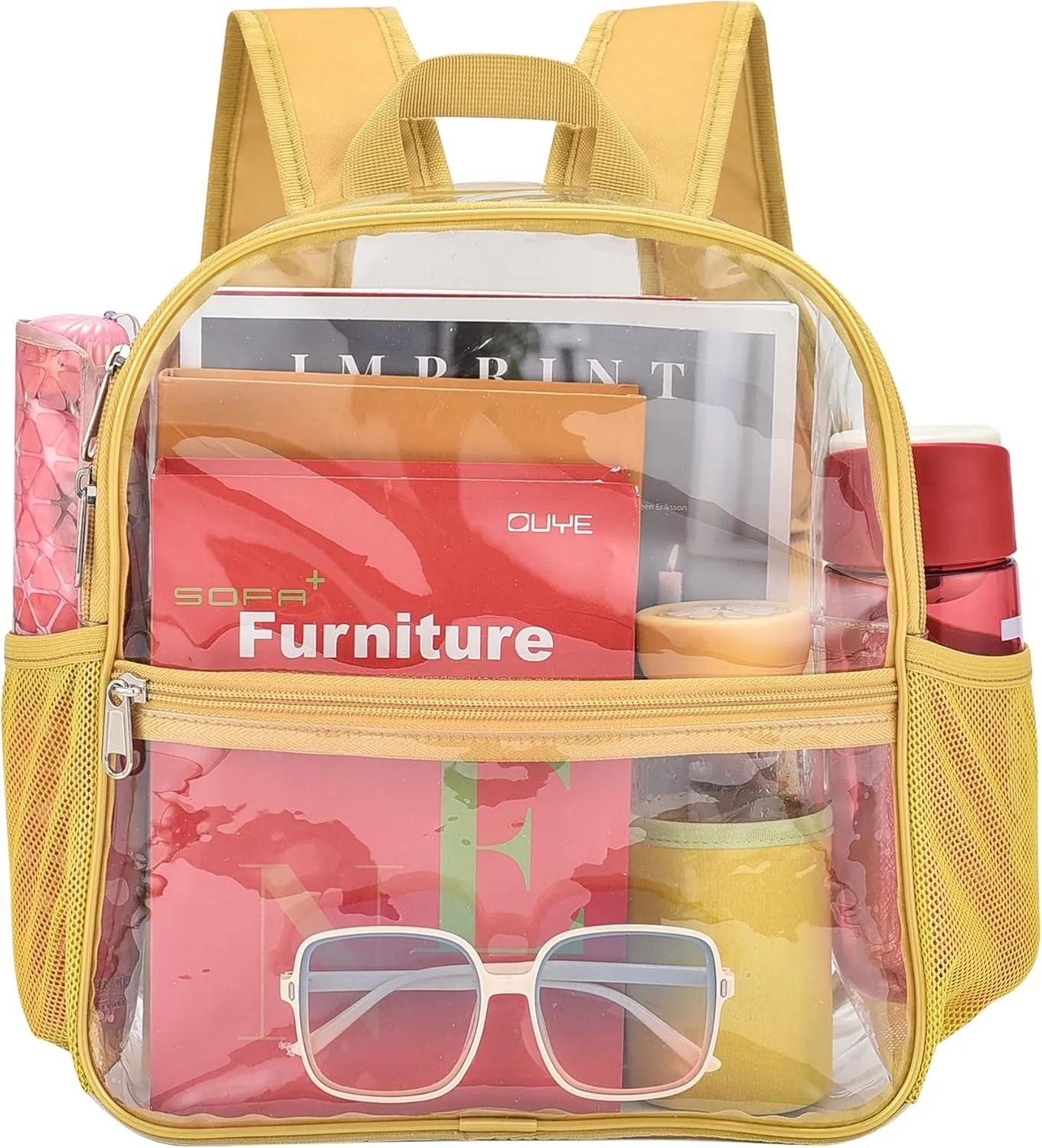 Clear Backpack for Stadium Events 12x12x6 Mini Small Clear Backpack with Front Pocket for Concert Sport Events Work Travel(Gold)