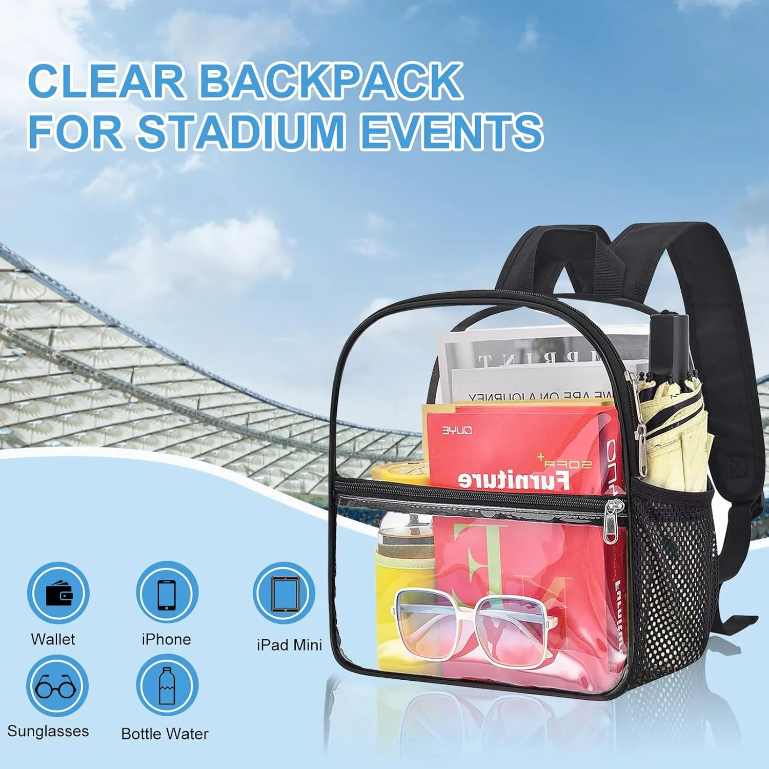 Clear Backpack for Stadium Events - 12x12x6, Mini Small Clear Bag with Front Pocket for Concert Sport Events Work Travel(Black)