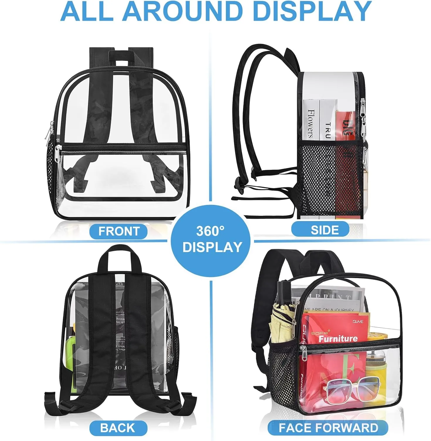 Clear Backpack for Stadium Events - 12x12x6, Mini Small Clear Bag with Front Pocket for Concert Sport Events Work Travel(Black)