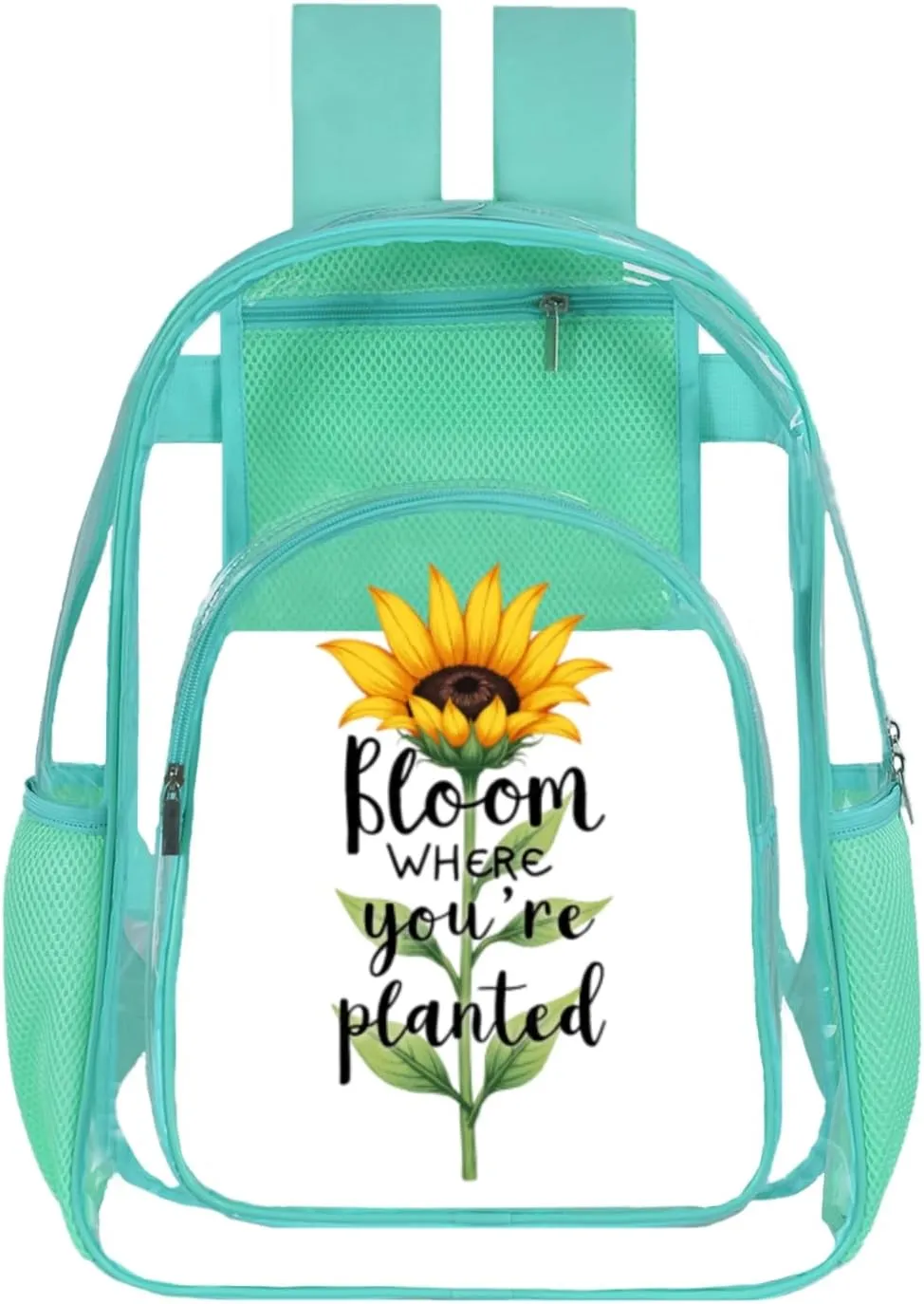 Clear Backpack for Women - 17 Inches Heavy Duty TPU Transparent Bookbag for Girls - Aesthetic Sunflower Pattern Backpacks for Work, School, Gym, Travel (Mint Green)