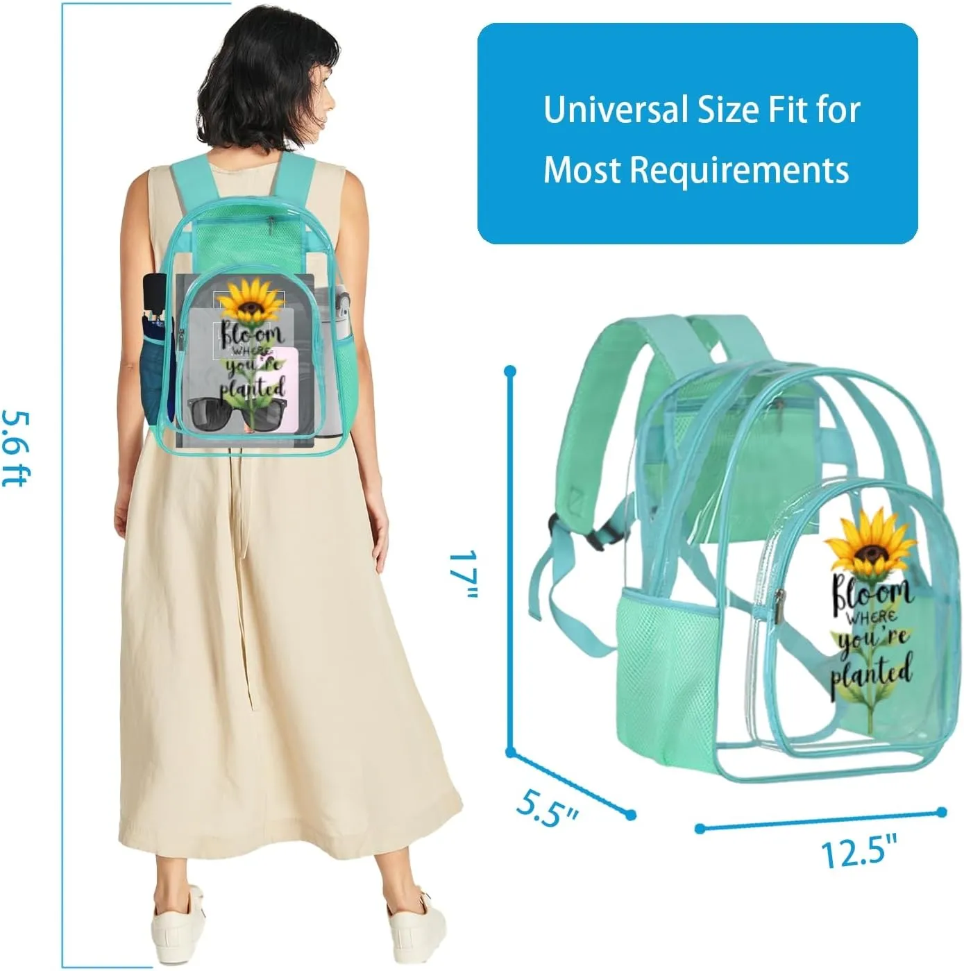 Clear Backpack for Women - 17 Inches Heavy Duty TPU Transparent Bookbag for Girls - Aesthetic Sunflower Pattern Backpacks for Work, School, Gym, Travel (Mint Green)