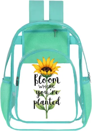 Clear Backpack for Women - 17 Inches Heavy Duty TPU Transparent Bookbag for Girls - Aesthetic Sunflower Pattern Backpacks for Work, School, Gym, Travel (Mint Green)