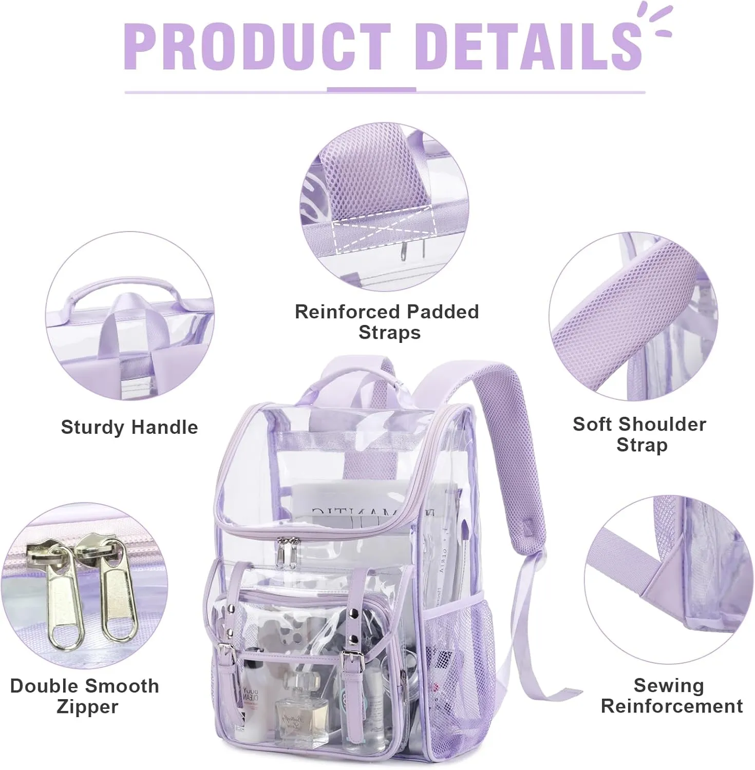 Clear Backpack with Lunch Bag Set, Leather Clear Backpack Heavy Duty Thick PVC Bookbag Fashion See Through Transparent Backpacks with Support Pad for College Travel Work Purple