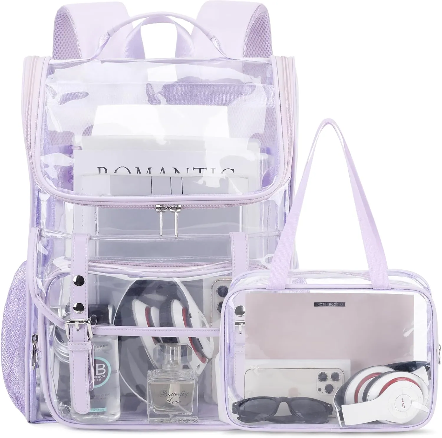 Clear Backpack with Lunch Bag Set, Leather Clear Backpack Heavy Duty Thick PVC Bookbag Fashion See Through Transparent Backpacks with Support Pad for College Travel Work Purple