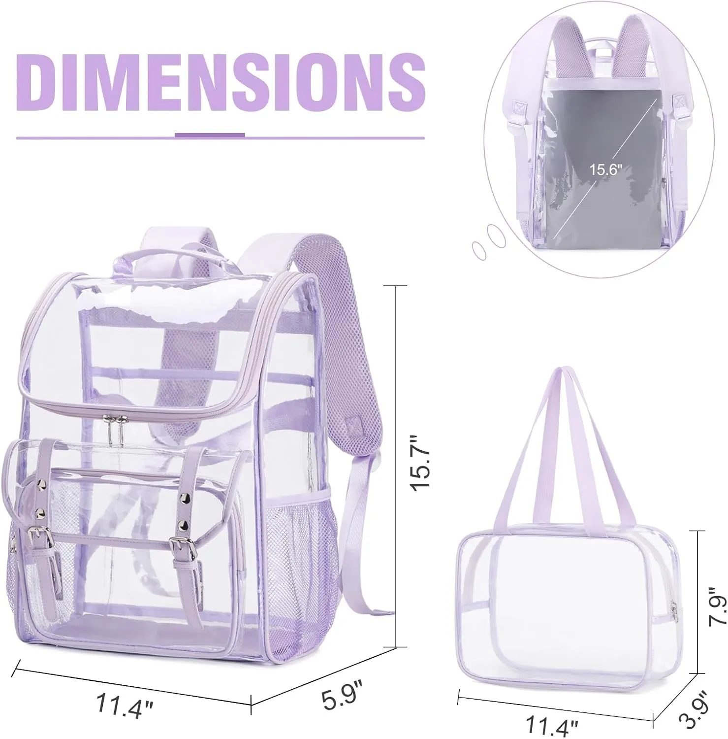 Clear Backpack with Lunch Bag Set, Leather Clear Backpack Heavy Duty Thick PVC Bookbag Fashion See Through Transparent Backpacks with Support Pad for College Travel Work Purple