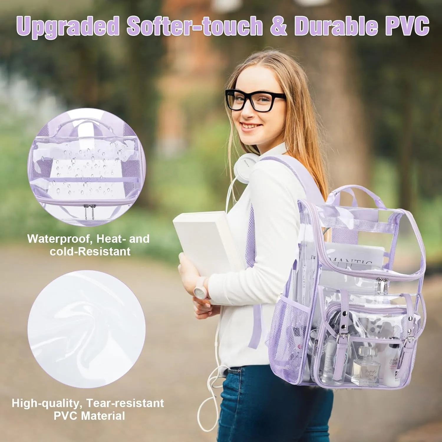 Clear Backpack with Lunch Bag Set, Leather Clear Backpack Heavy Duty Thick PVC Bookbag Fashion See Through Transparent Backpacks with Support Pad for College Travel Work Purple