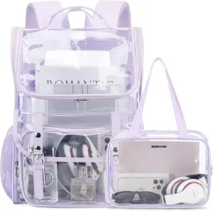 Clear Backpack with Lunch Bag Set, Leather Clear Backpack Heavy Duty Thick PVC Bookbag Fashion See Through Transparent Backpacks with Support Pad for College Travel Work Purple
