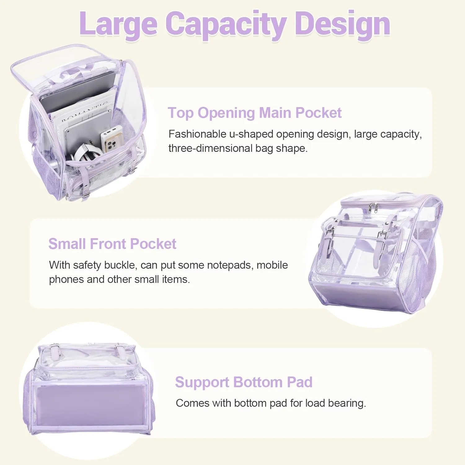 Clear Backpack with Lunch Bag Set, Leather Clear Backpack Heavy Duty Thick PVC Bookbag Fashion See Through Transparent Backpacks with Support Pad for College Travel Work Purple