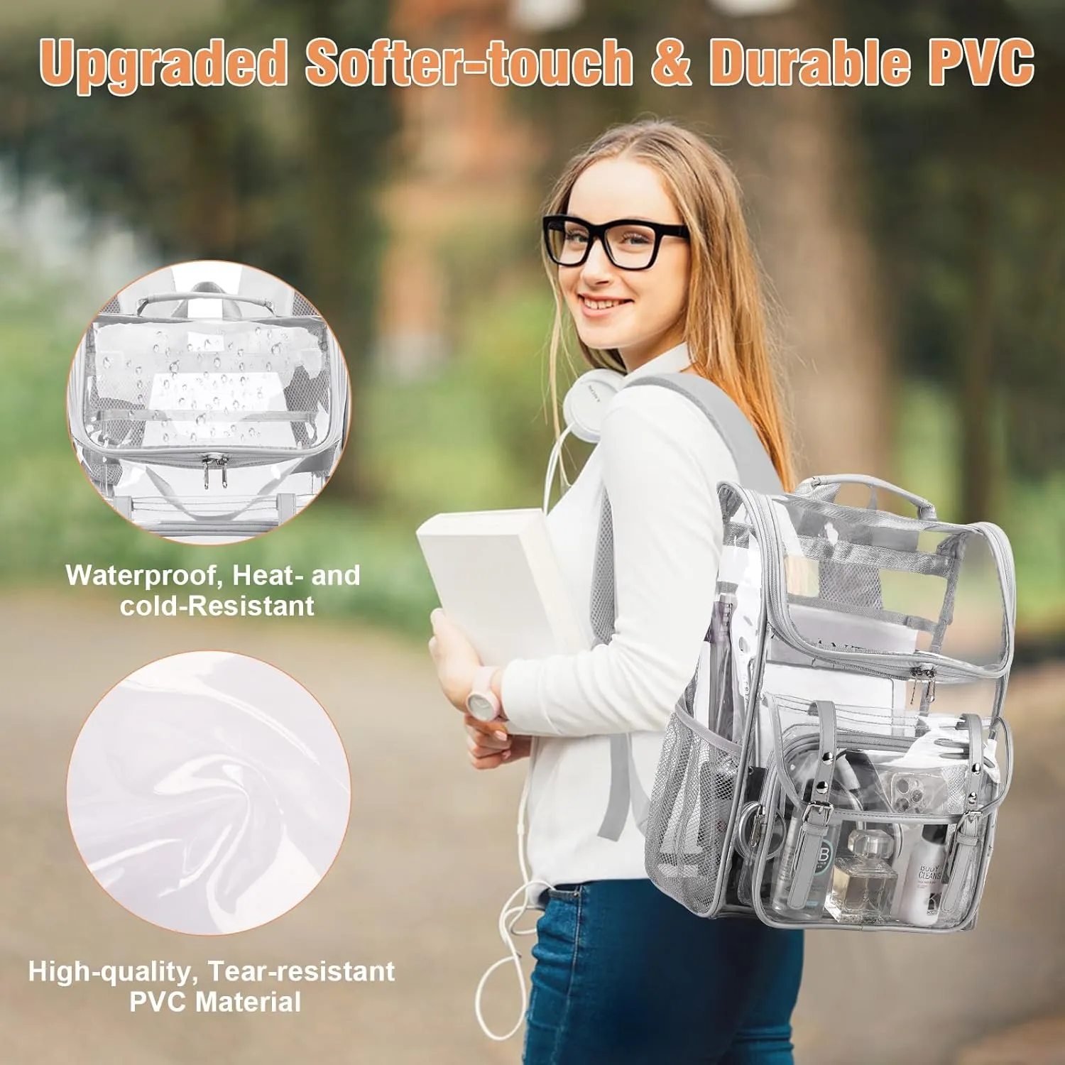 Clear Backpack with Lunch Bag Set, Leather Clear Backpack Heavy Duty Thick PVC Bookbag Large See Through Transparent Backpacks with Support Pad for College Travel Workplace Security Gray