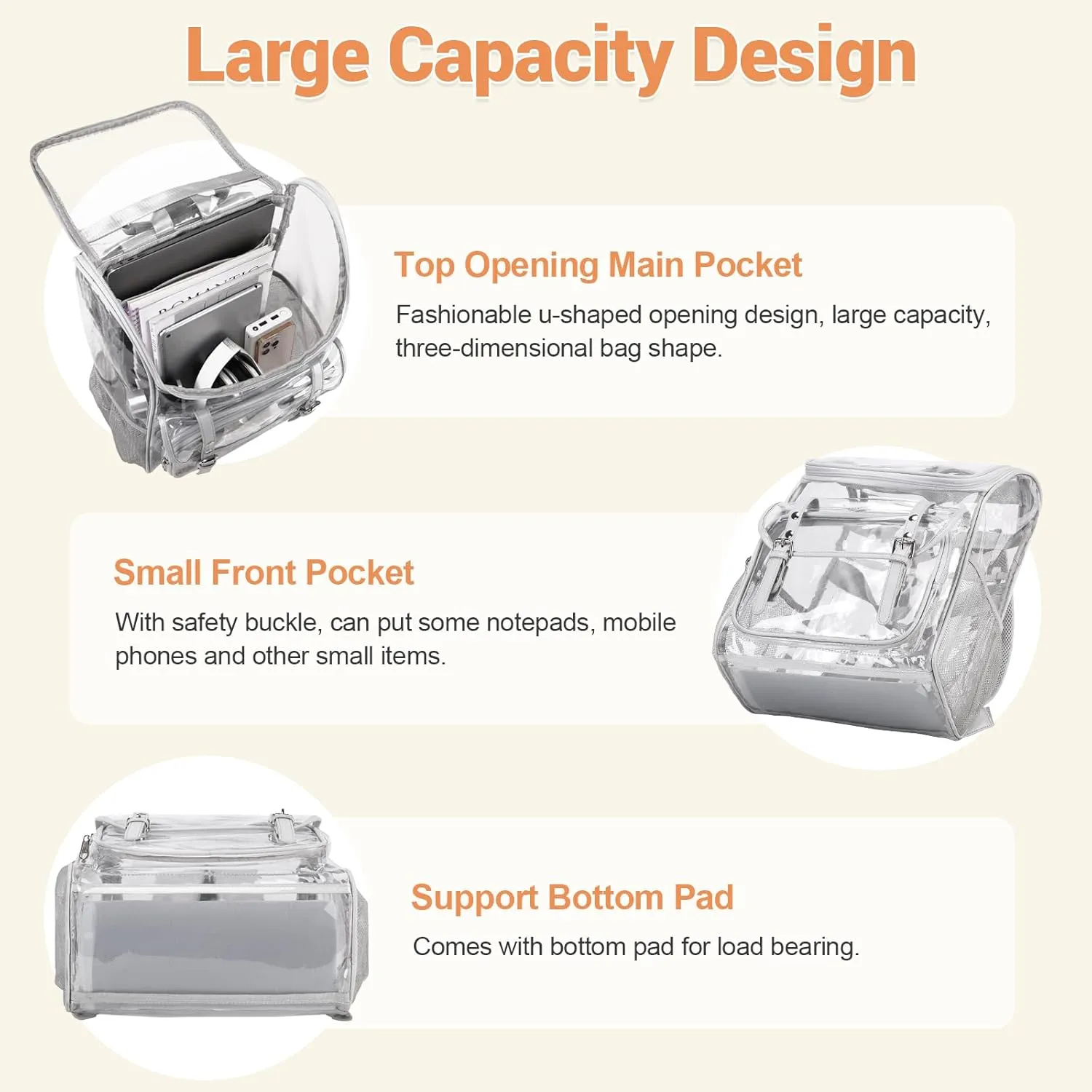 Clear Backpack with Lunch Bag Set, Leather Clear Backpack Heavy Duty Thick PVC Bookbag Large See Through Transparent Backpacks with Support Pad for College Travel Workplace Security Gray