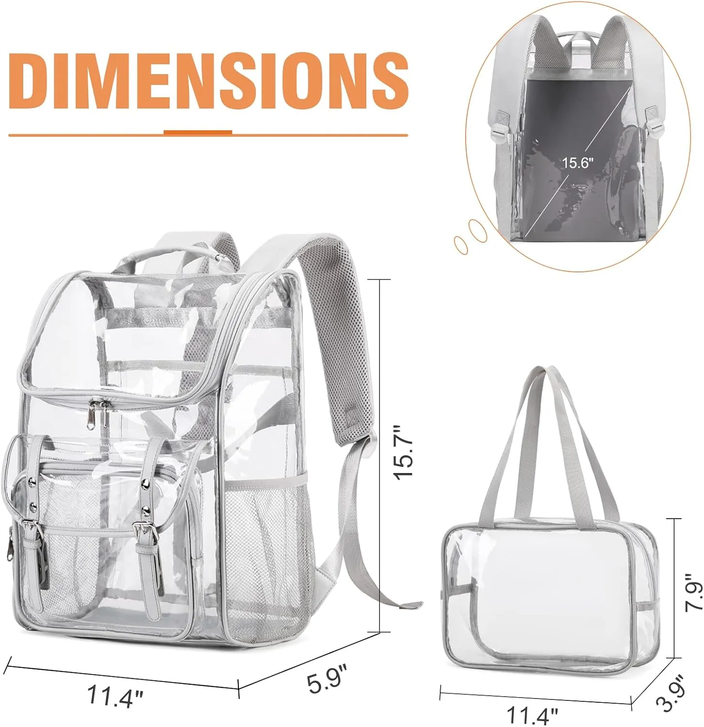 Clear Backpack with Lunch Bag Set, Leather Clear Backpack Heavy Duty Thick PVC Bookbag Large See Through Transparent Backpacks with Support Pad for College Travel Workplace Security Gray