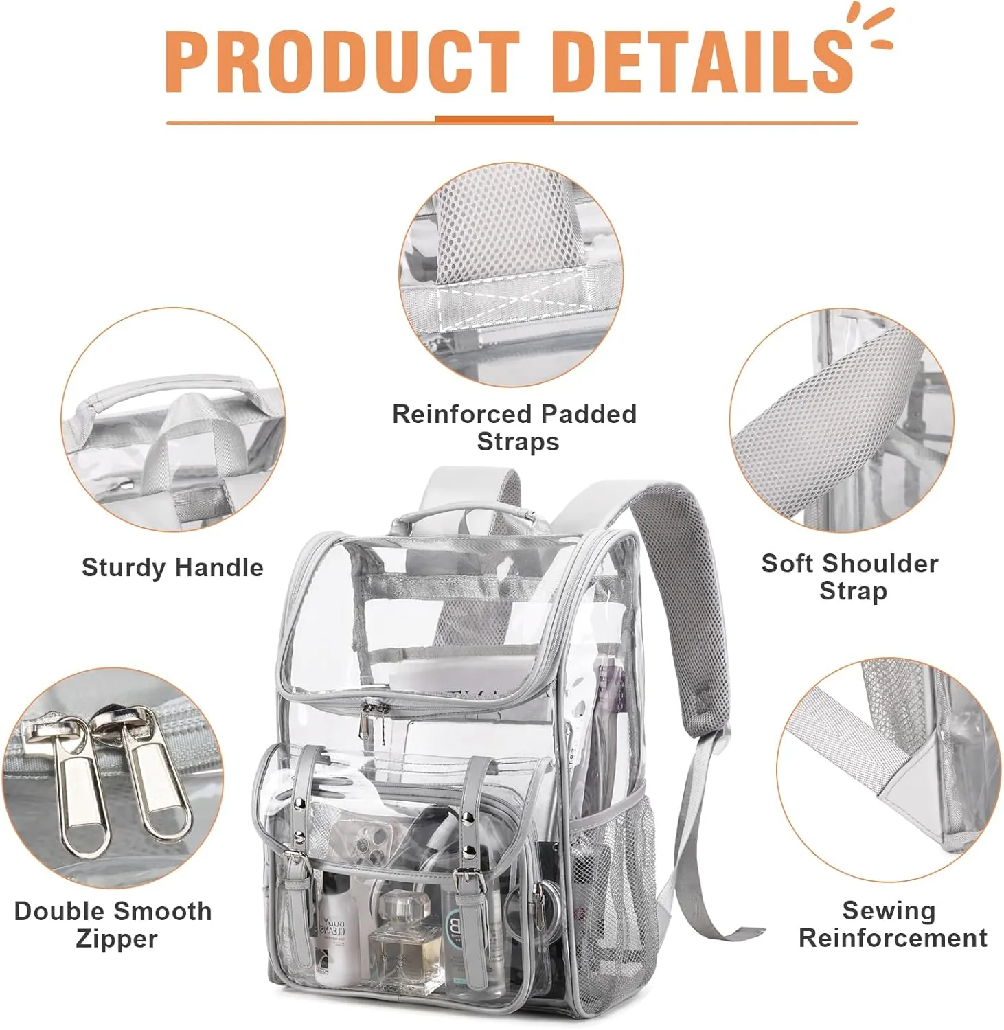 Clear Backpack with Lunch Bag Set, Leather Clear Backpack Heavy Duty Thick PVC Bookbag Large See Through Transparent Backpacks with Support Pad for College Travel Workplace Security Gray