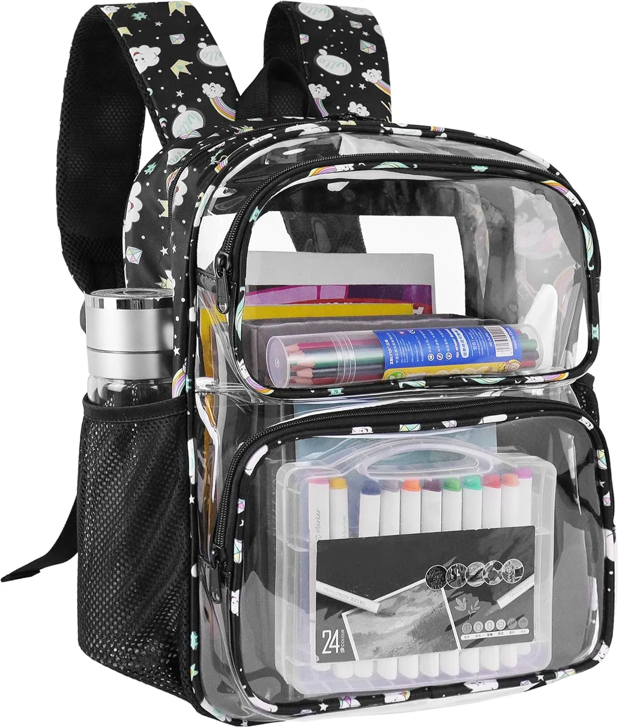 Clear Backpack,16'' Clear Backpack for Girls Heavy Duty School Backpacks See Through Bookbag for Kids 4 to 8,Black Rainbow
