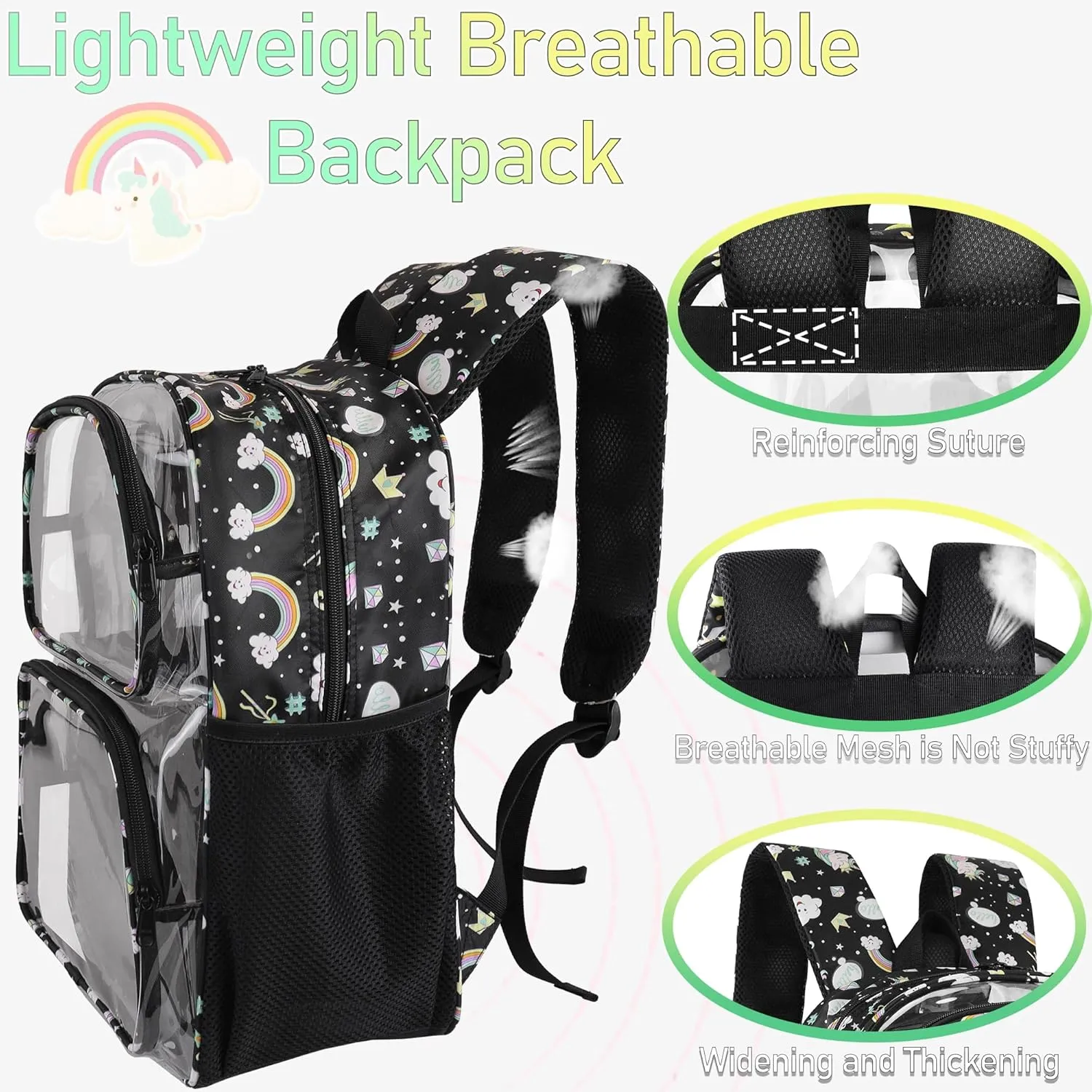 Clear Backpack,16'' Clear Backpack for Girls Heavy Duty School Backpacks See Through Bookbag for Kids 4 to 8,Black Rainbow