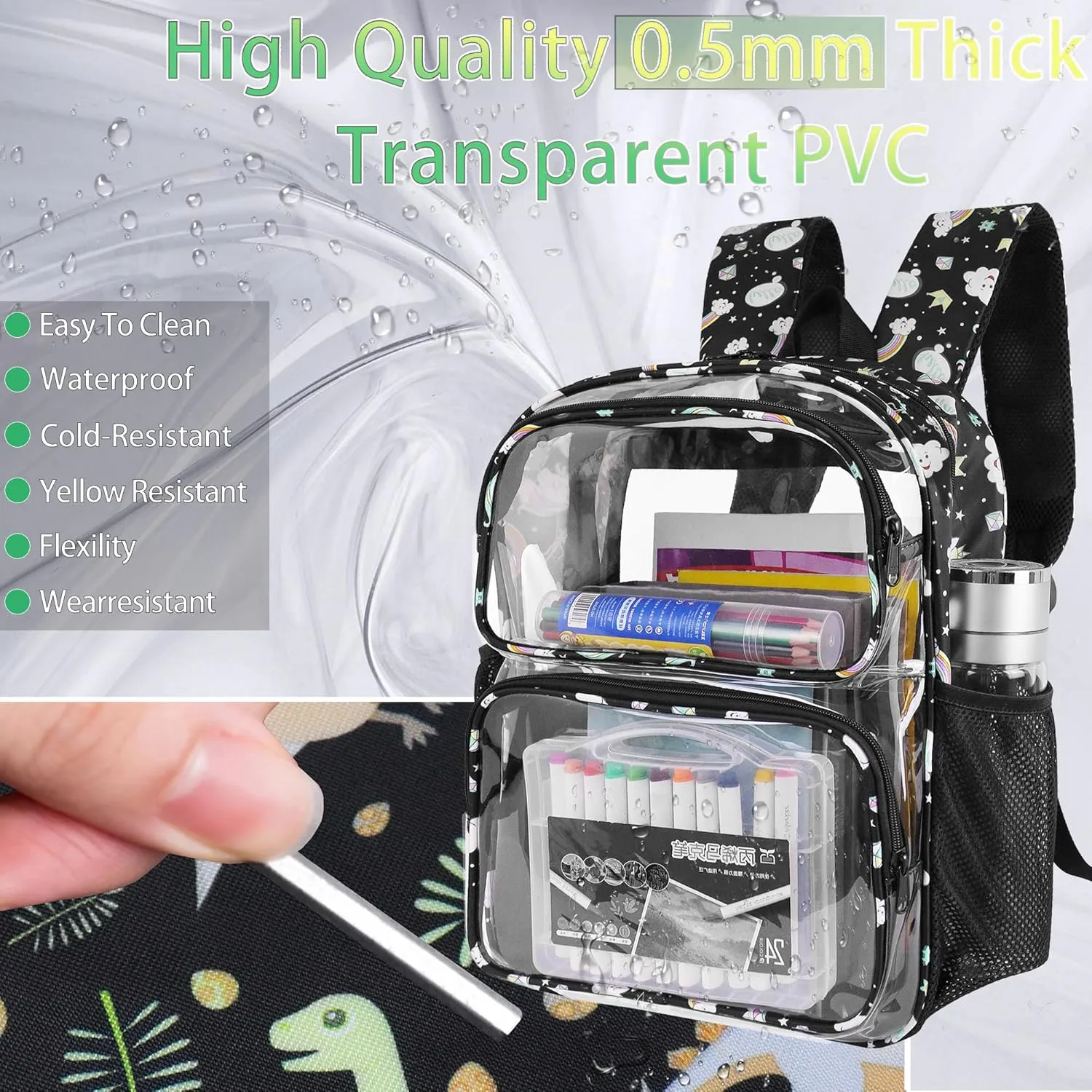 Clear Backpack,16'' Clear Backpack for Girls Heavy Duty School Backpacks See Through Bookbag for Kids 4 to 8,Black Rainbow
