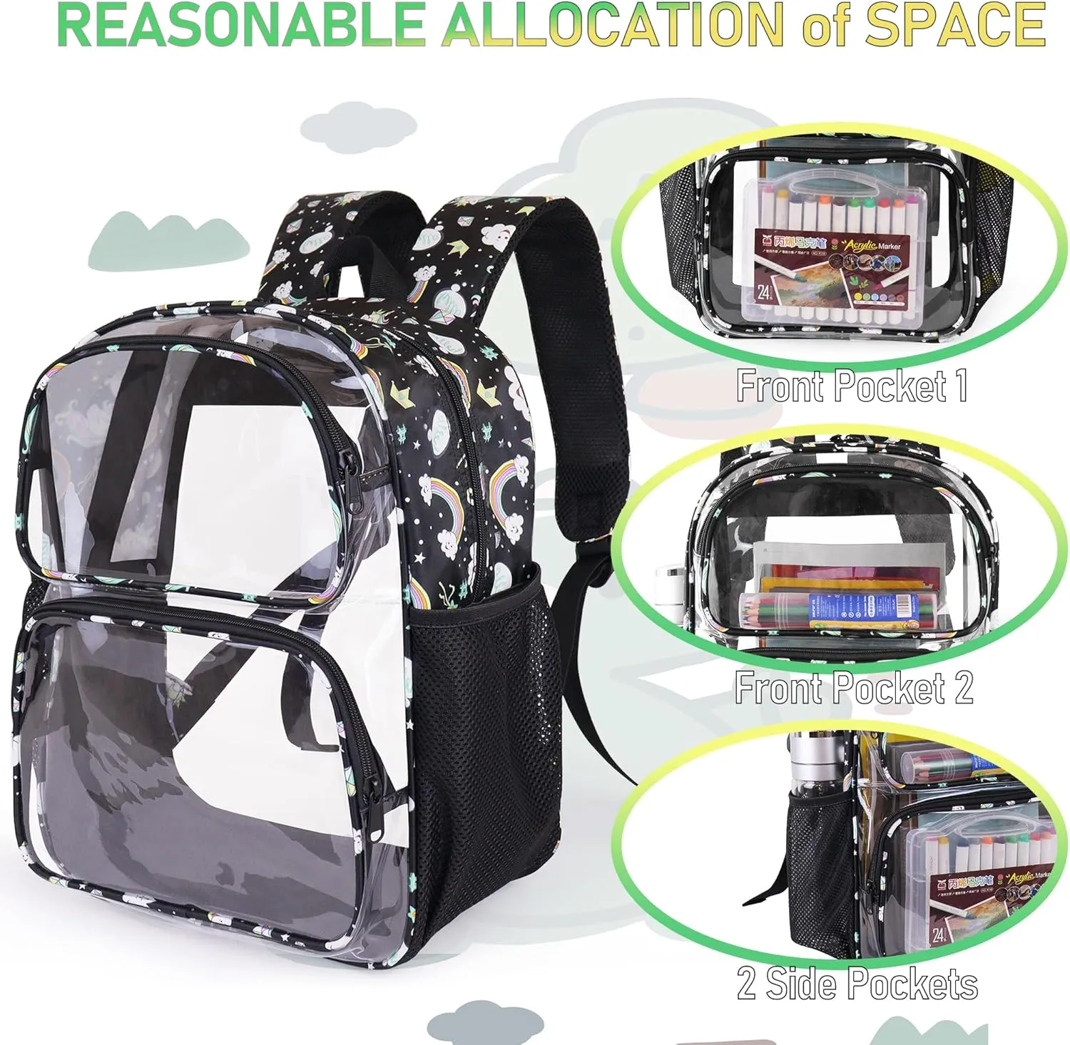 Clear Backpack,16'' Clear Backpack for Girls Heavy Duty School Backpacks See Through Bookbag for Kids 4 to 8,Black Rainbow