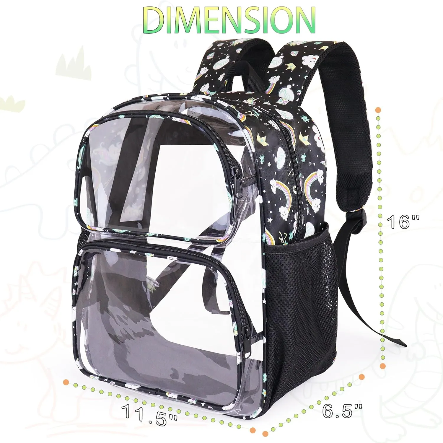 Clear Backpack,16'' Clear Backpack for Girls Heavy Duty School Backpacks See Through Bookbag for Kids 4 to 8,Black Rainbow