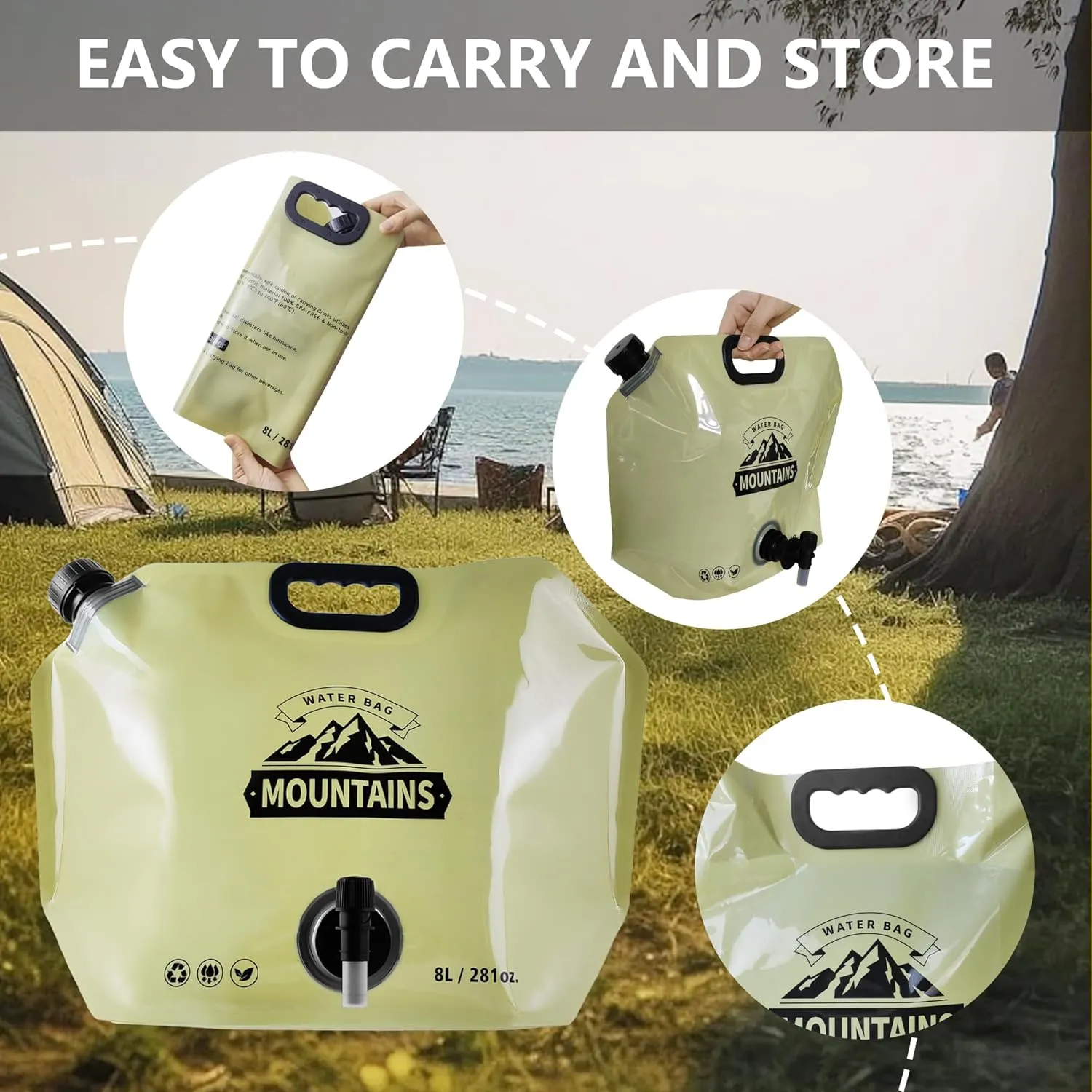 Collapsible 8L Water Storage Bag, BPA-Free Portable Folding Water Jug with Adjustable Faucet, Leakproof Emergency Water Bag for Camping, Hiking, Riding, Outdoor Sport (BEIGE, 2)
