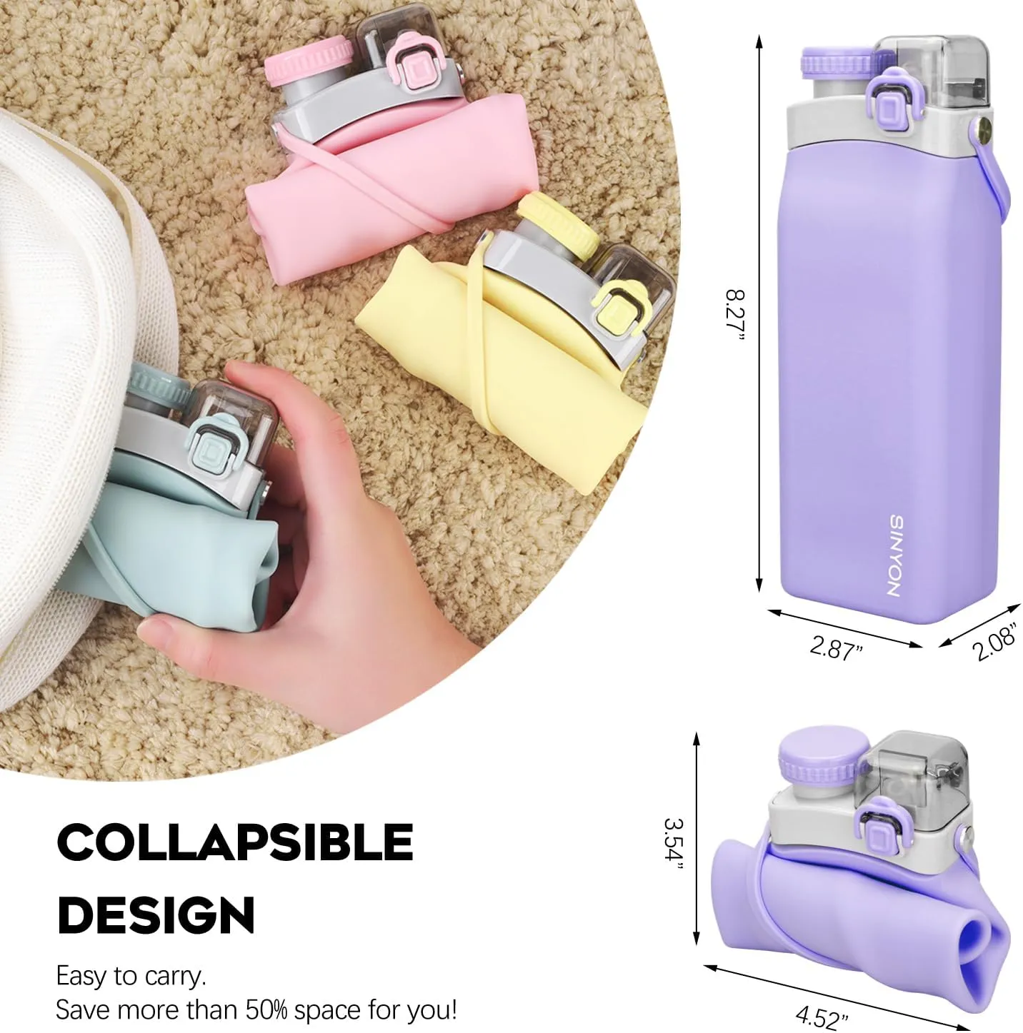 Collapsible Water Bottles, 20oz Silicone Reusable Water Bottle with Straw and Strap, Leakproof Foldable Sports Water Bottle for Travel Camping Running Hiking Gym, BPA Free