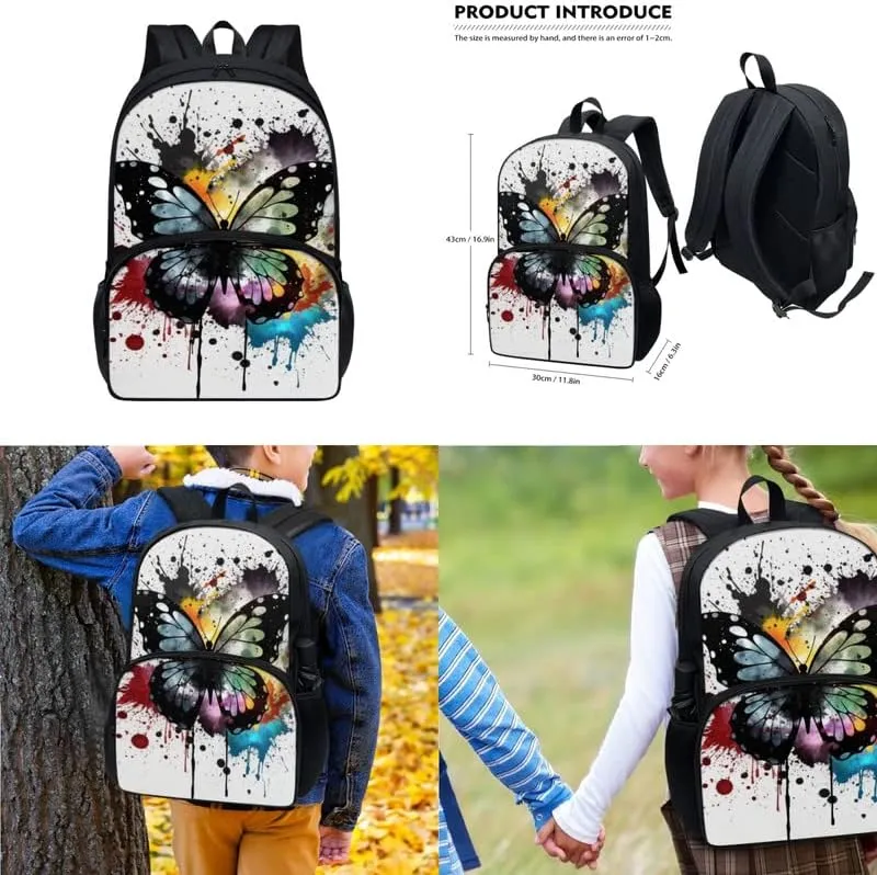 Colorful Butterfly Print 3-Piece Boys Girls School Computer Backpacks with Rainbow Splash Butterflies Lunch Bag and Pen Pouch Kindergarten School Bookbag Set, White