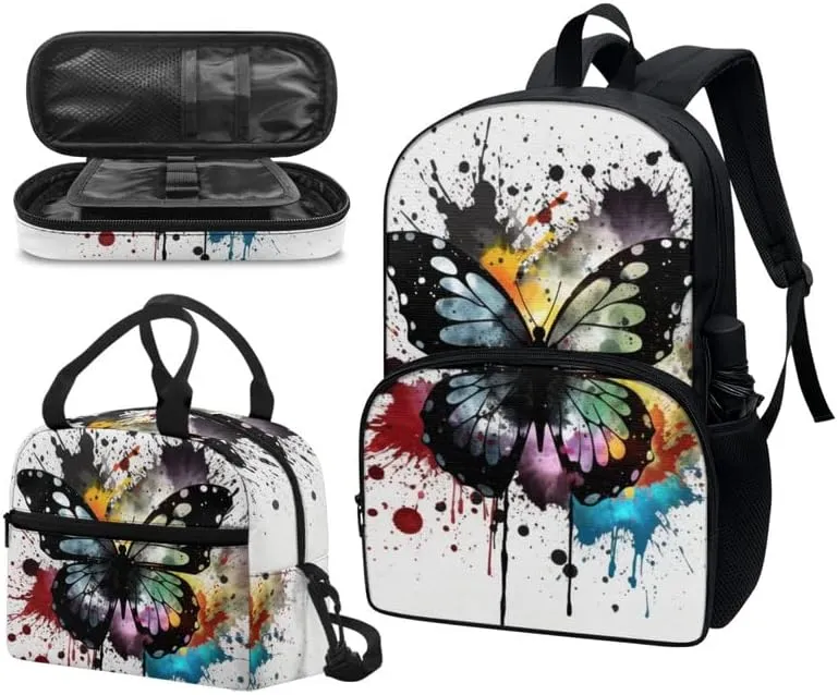 Colorful Butterfly Print 3-Piece Boys Girls School Computer Backpacks with Rainbow Splash Butterflies Lunch Bag and Pen Pouch Kindergarten School Bookbag Set, White