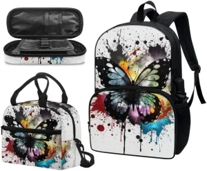 Colorful Butterfly Print 3-Piece Boys Girls School Computer Backpacks with Rainbow Splash Butterflies Lunch Bag and Pen Pouch Kindergarten School Bookbag Set, White