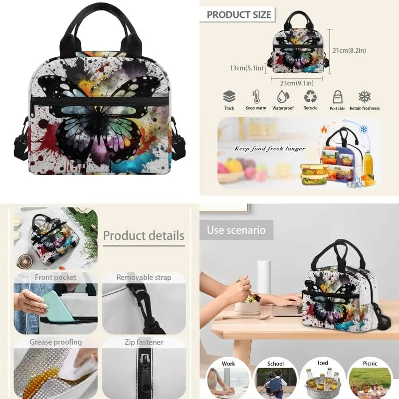 Colorful Butterfly Print 3-Piece Boys Girls School Computer Backpacks with Rainbow Splash Butterflies Lunch Bag and Pen Pouch Kindergarten School Bookbag Set, White