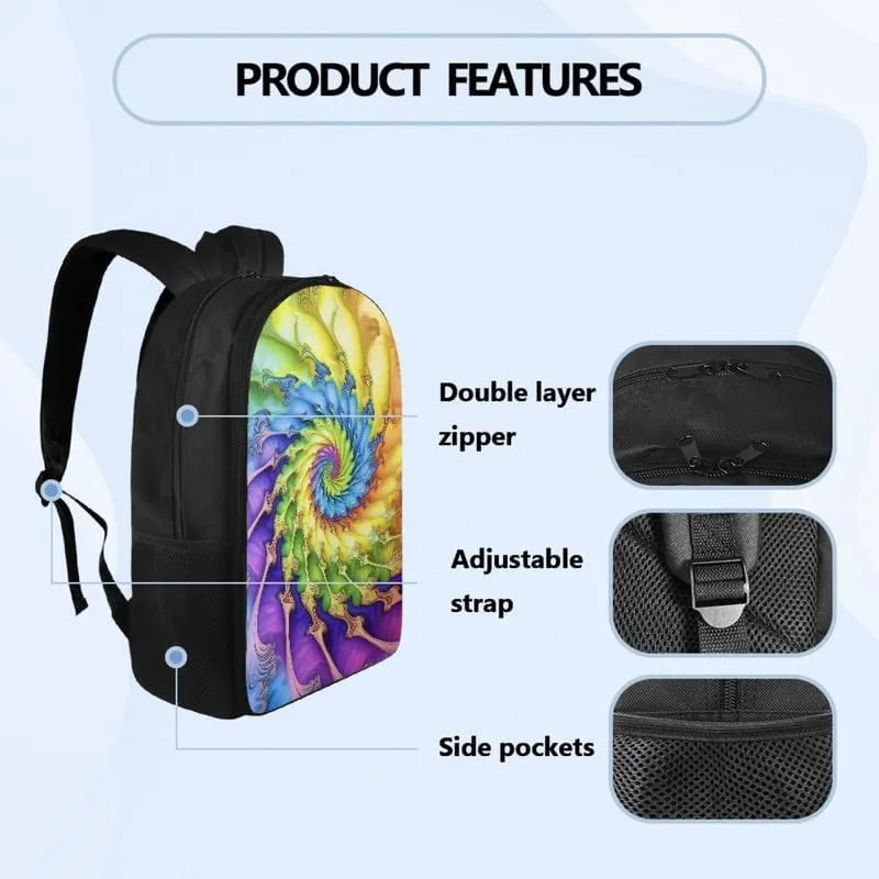 Colorful Spiral Tie-Dye Print Casual Backpack Soft Shoulder Straps Rainbow Art Tie-Dyeing 17.3 Inch College Backpacks Large Travel Daypack Bag for Women Men