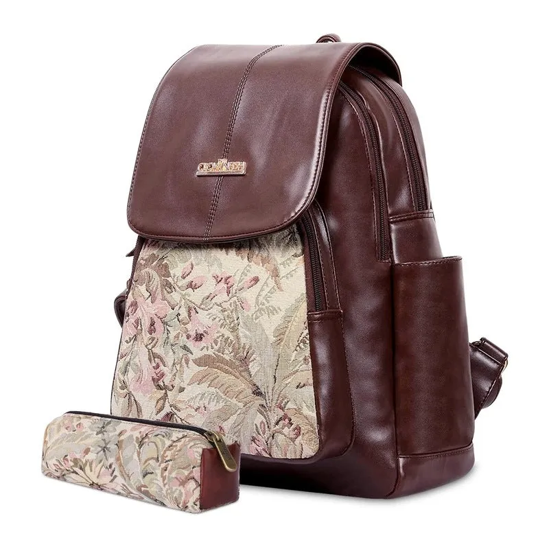 Combo: Women's Faux Leather & Printed Fabric Backpack with Pencil Pouch | 10L | Black-Wave Design
