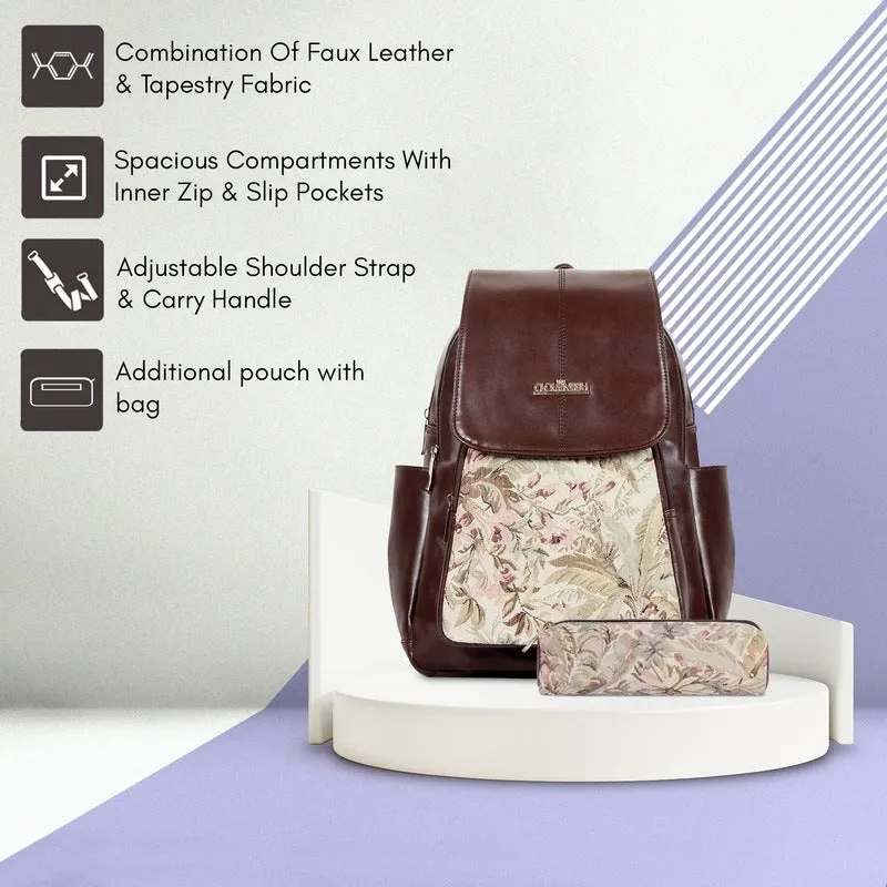 Combo: Women's Faux Leather & Printed Fabric Backpack with Pencil Pouch | 10L | Black-Wave Design