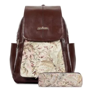 Combo: Women's Faux Leather & Printed Fabric Backpack with Pencil Pouch | 10L | Black-Wave Design