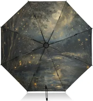 Compact Umbrella, Umbrella for Rain and Wind, Automatic Open/close, Compact Size for Women Backpacks/Handbags, Fireflies Moonlight